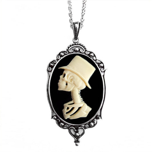 Skeleton Man Cameo Necklace, Groom Vintage Ornate Antique Silver Pendant