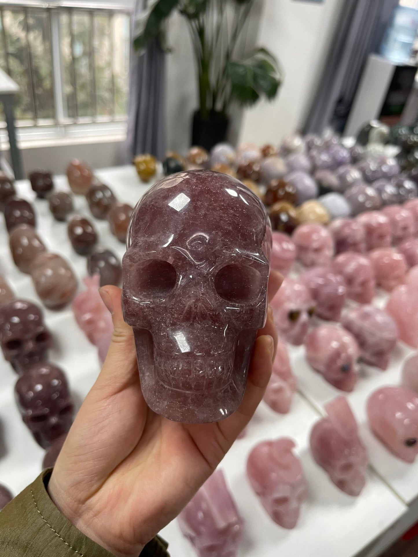 Strawberry Quartz Crystal Skull - Hand Carved Meditation Stone for Witchy Decor  Healing