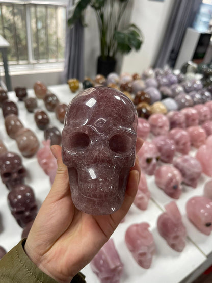Strawberry Quartz Crystal Skull - Hand Carved Meditation Stone for Witchy Decor  Healing