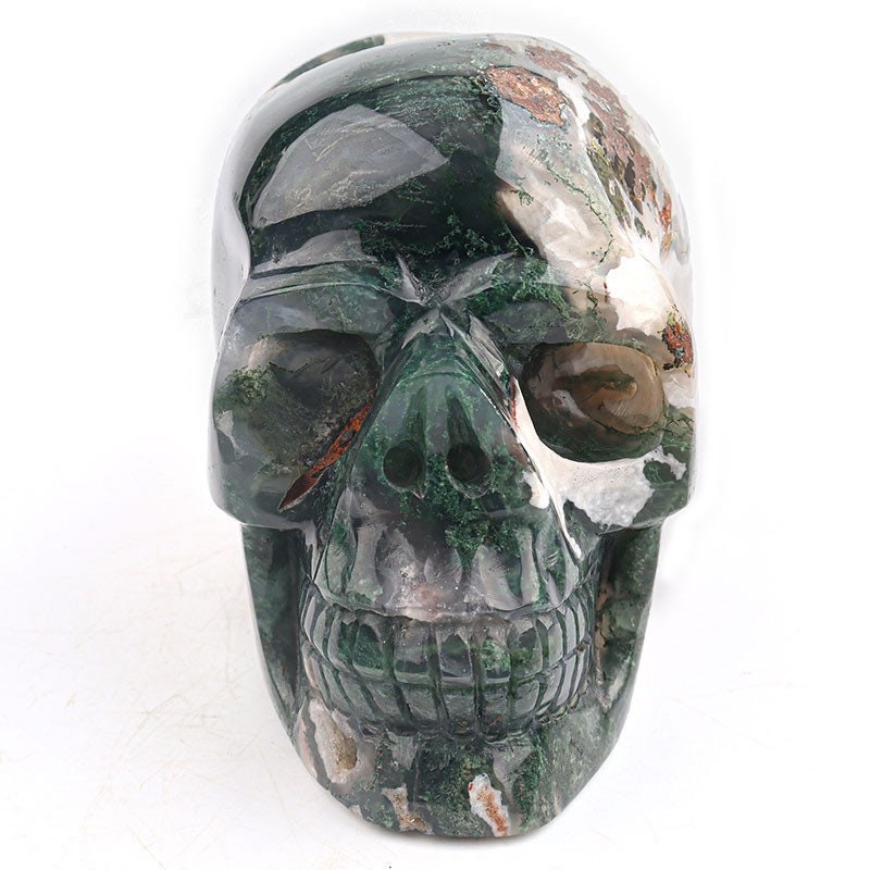 Moss Agate Skull Carving - Hand Carved Geode Crystal for Healing - Unique Home Decor Gift for Him or Her