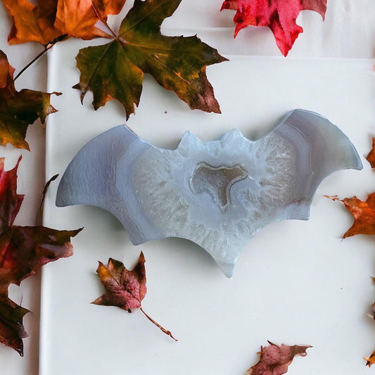 Large Blue Agate Bat Carving  - Hand-Carved Crystal Figurine for Witchy Altar Decor  Halloween One of a Kind