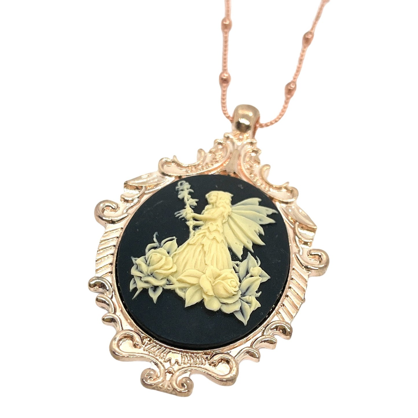 Fairy Magic Rose Gold Victorian Cameo Necklace - Beige and Black