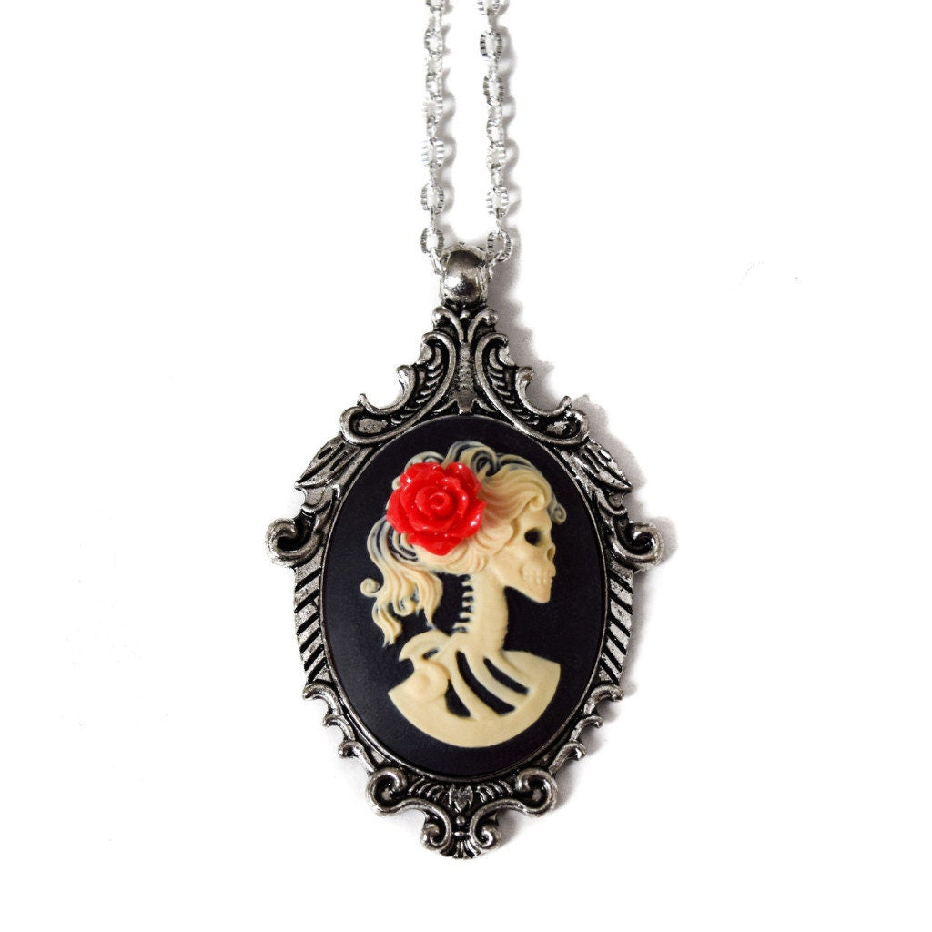 Cream and Black Lady Skull and Skeleton Man Cameo Necklace Set, Wedding Gift for Bride and Groom