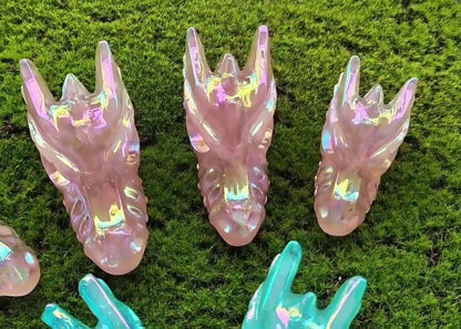 Pink Angel Aura Rose Quartz Dragon Skull Carving - Healing Crystal Decor