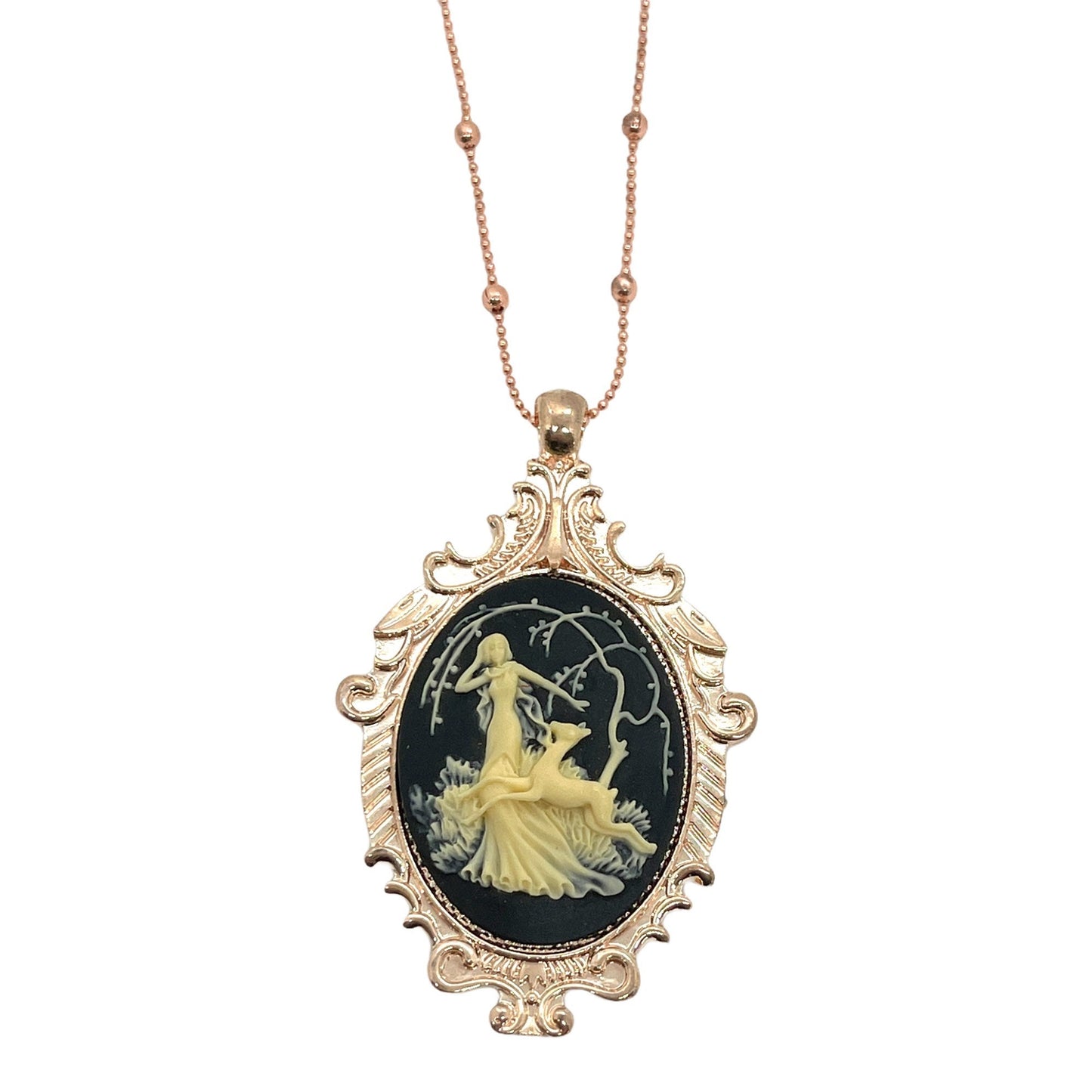 Black  Beige Fawn Cameo Necklace w Rose Gold Pendant - Artemis Huntress Design