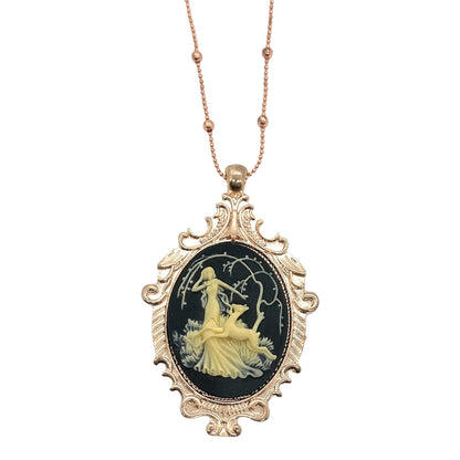 Black  Beige Fawn Cameo Necklace w Rose Gold Pendant - Artemis Huntress Design