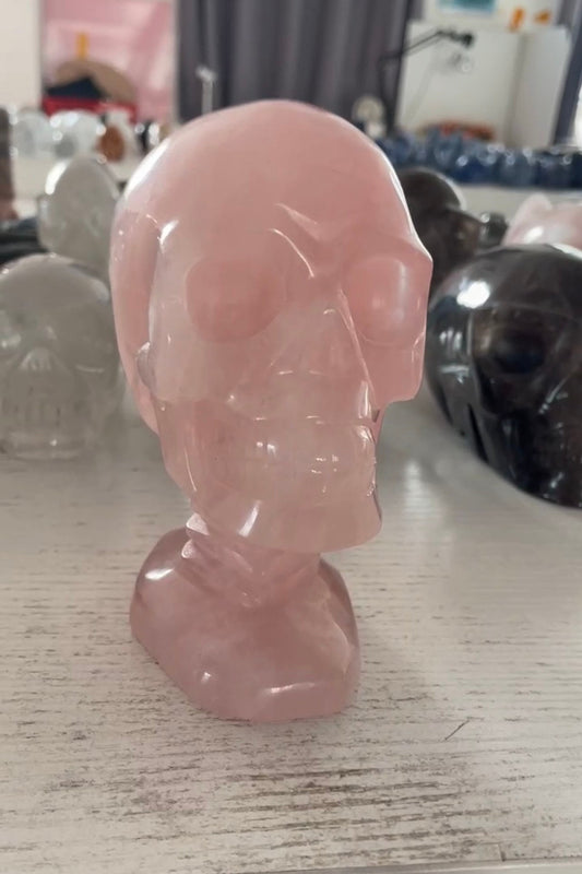 Realistic Rose Quartz Skull with Fitted Pedestal - Handmade Crystal Art