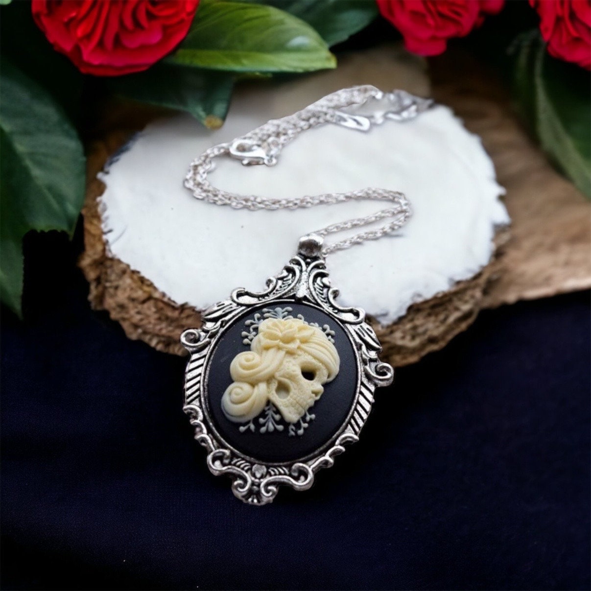 Cream and Black Vintage Lady Skull Cameo Necklace, Victorian Ornate Antique Silver Pendant