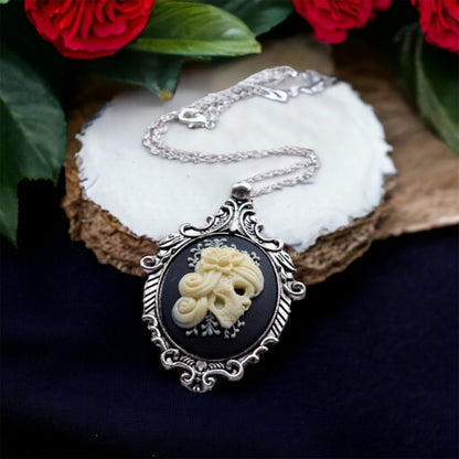 Cream and Black Vintage Lady Skull Cameo Necklace, Victorian Ornate Antique Silver Pendant