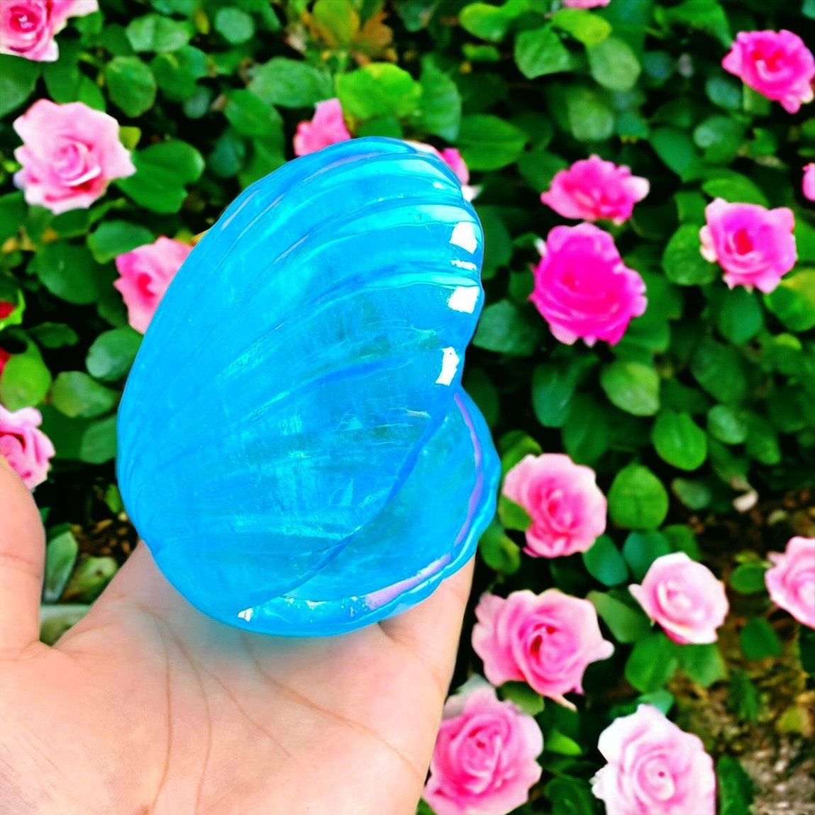 Aura Aqua Blue Quartz Shell Jewelry Dish, Handcarved Crystal Seashell Ring Treasure Box
