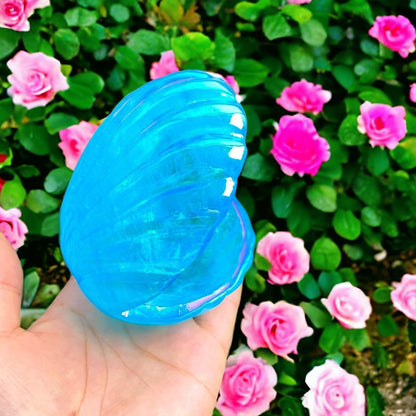 Aura Aqua Blue Quartz Shell Jewelry Dish, Handcarved Crystal Seashell Ring Treasure Box