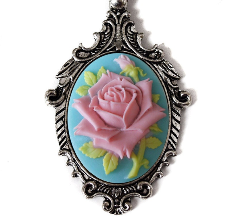 Pink Rose Cameo Necklace, Blue Shabby Chic Pendant, Mom Birthday Wedding Anniversary Gift
