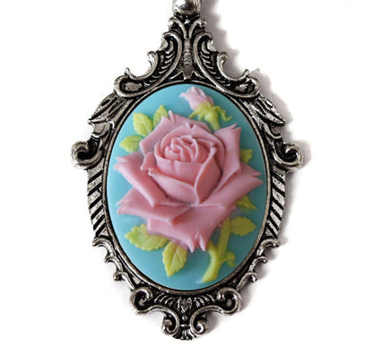 Pink Rose Cameo Necklace, Blue Shabby Chic Pendant, Mom Birthday Wedding Anniversary Gift