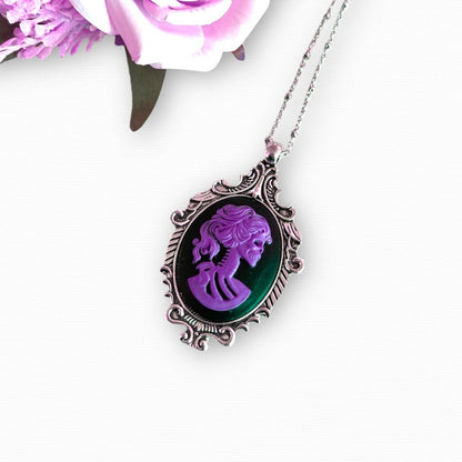 Purple Skeleton Lady Pendant Necklace, Gothic Cameo Set in Victorian Bronze or Silver Setting