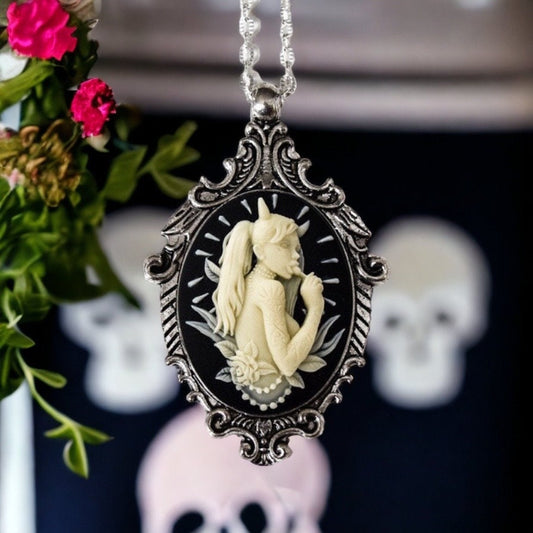 Antique Silver Devil Girl Cameo Necklace Victorian Ornate Cream and Black Pendant