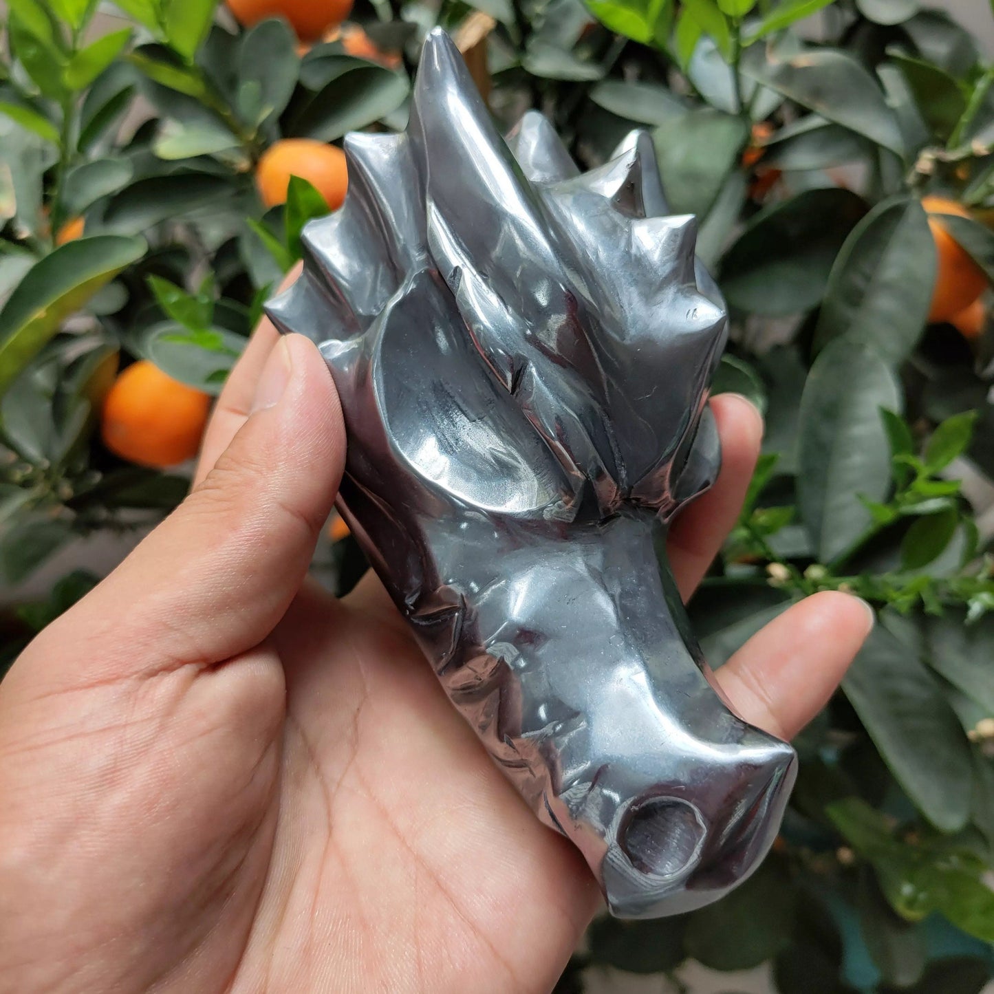 Shiny Terahertz Dragon Skull - Hand Carved Healing Crystal with Silver Hematite Dragon Head