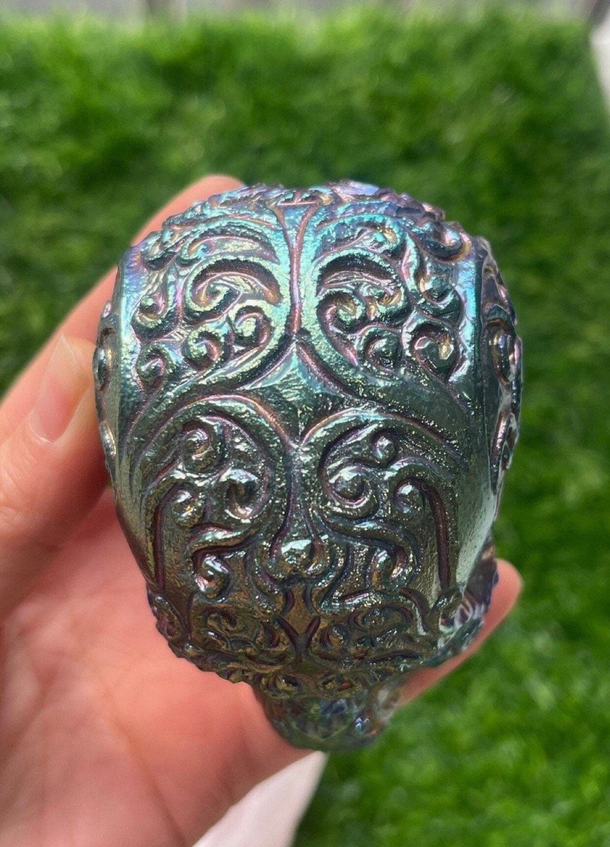 Handcarved Obsidian Skull with Titanium Aura Filigree - Healing Crystal Decor