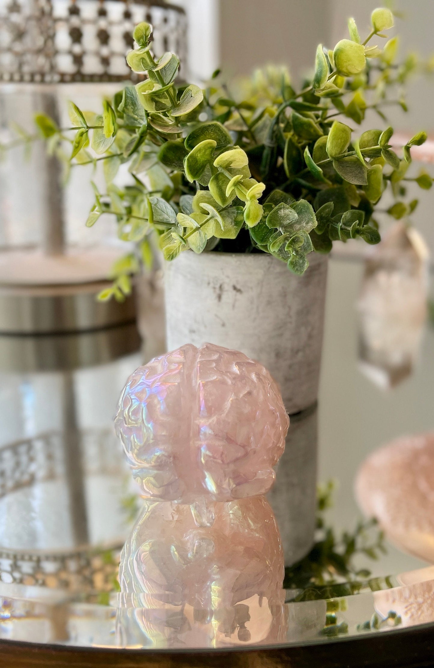 Aura Rose Quartz Crystal Human Brain Carving, Hand Carved Anatomy Meditation Stone, Healing Mind Crystals