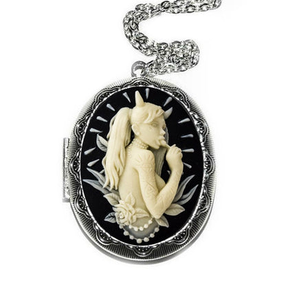 Vintage Cream and Black Devil Girl Cameo Locket Necklace - Ornate Antique Silver Pendant - Gothic Jewelry