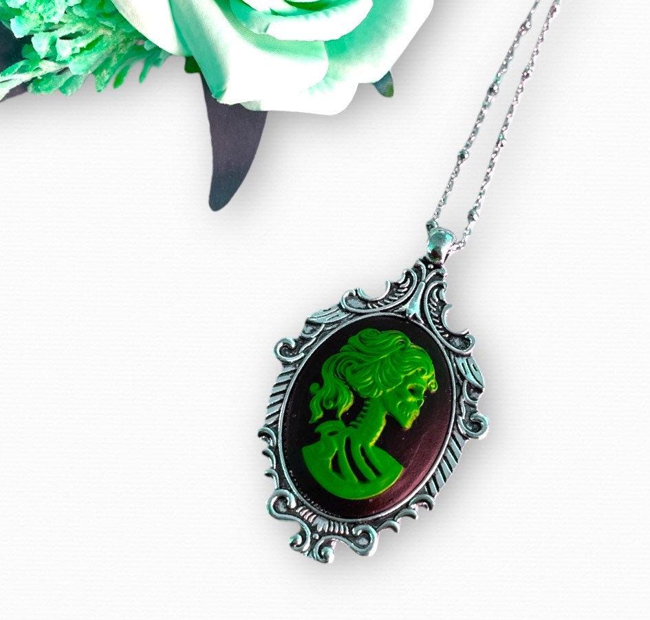 Green Skeleton Lady Pendant Necklace, Gothic Cameo Set in Victorian Bronze or Silver Setting