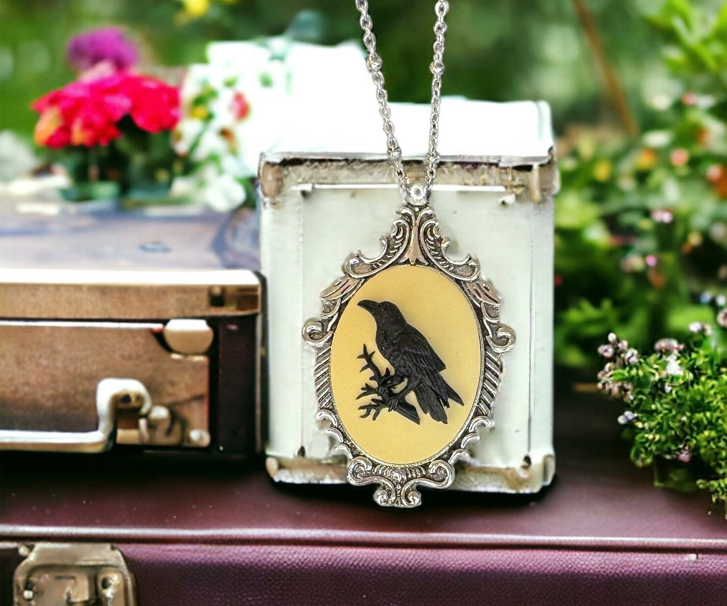 Victorian Raven Cameo Necklace - Black on Grey - Vintage Ornate Antique Silver - Birds Crow