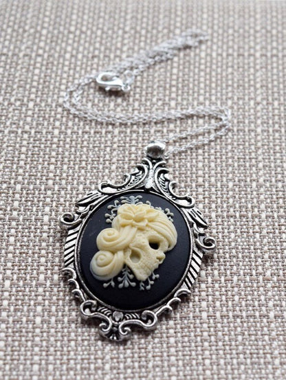 Cream and Black Vintage Lady Skull Cameo Necklace, Victorian Ornate Antique Silver Pendant