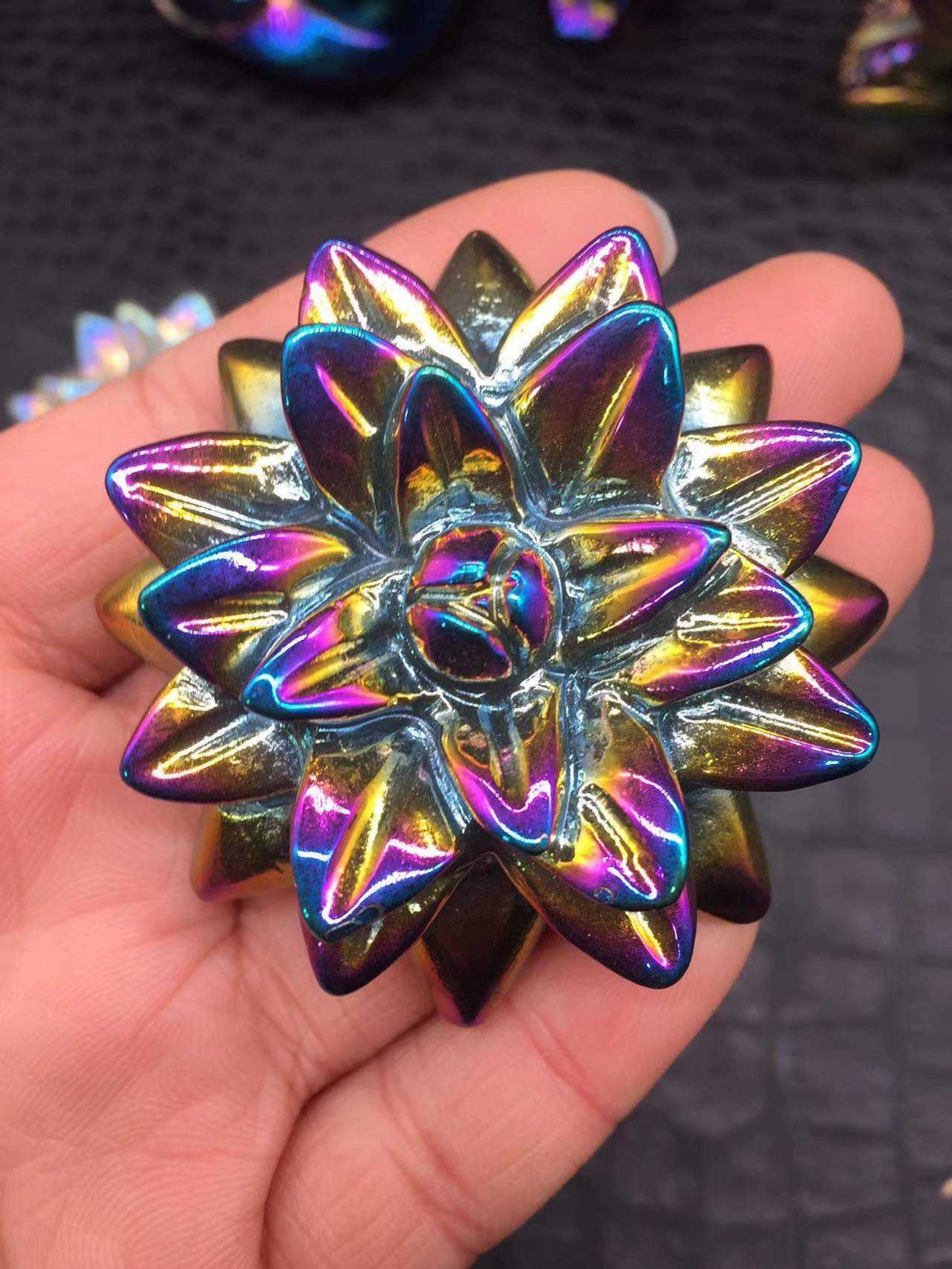 Aura Crystal Succulent Plant Carving, Rainbow Rose Quartz Green Aventurine Flower, Crystals for Meditation, Witchy Decor