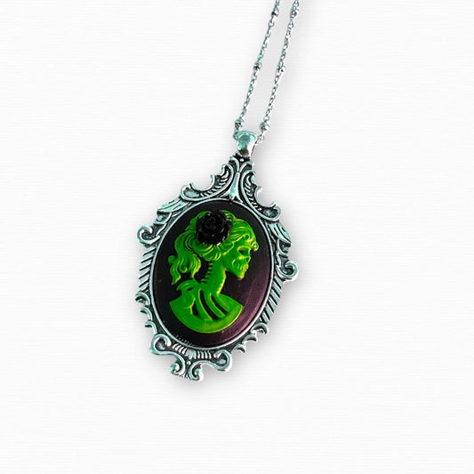 Green Skeleton Lady Pendant Necklace, Gothic Cameo Set in Victorian Bronze or Silver Setting