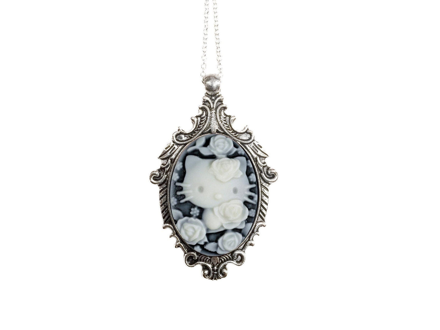Black and Cream Kitty Cameo Necklace - Victorian Antique Silver Pendant