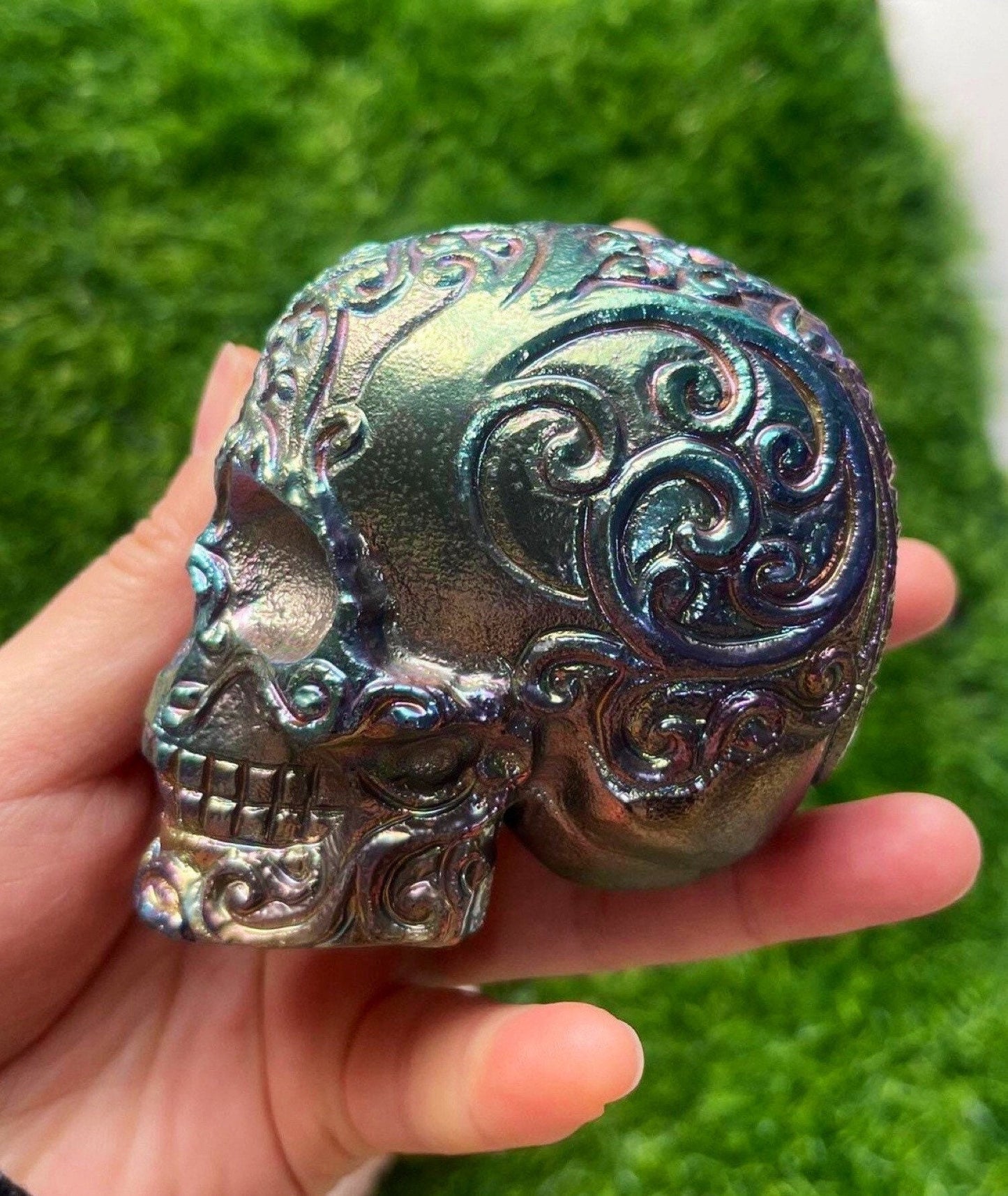Handcarved Obsidian Skull with Titanium Aura Filigree - Healing Crystal Decor