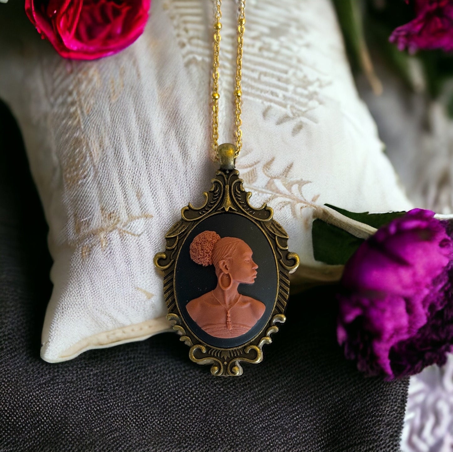 Black Lady Cameo Pendant Necklace - Antique Brass Setting