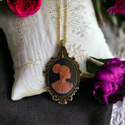 Black Lady Cameo Pendant Necklace - Antique Brass Setting