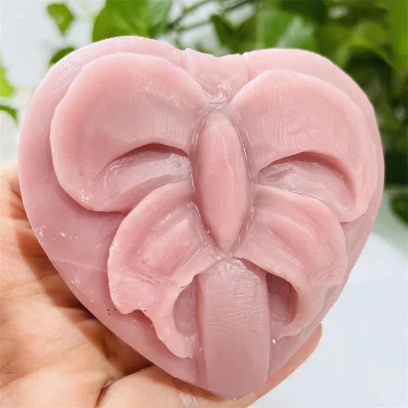 Pink Opal Heart with Bow Carving, Crystal Love Stone, Forever Flowers, Heart Chakra, Mother’s Day Gift