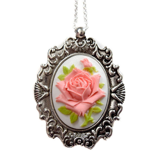 Peach Rose Cameo Necklace - Shabby Chic Pendant for a Statement Piece - Mothers Christmas Gift