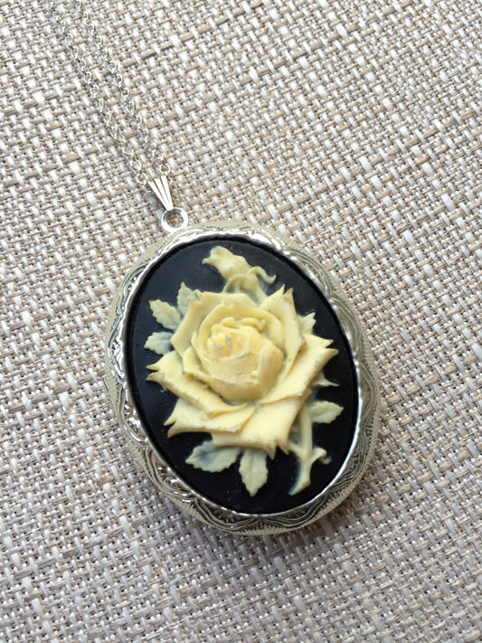 Cream and Black Rose Cameo Locket Necklace,  Vintage Ornate Antique Silver Pendant