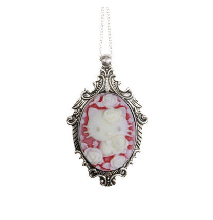 Black and Cream Kitty Cameo Necklace - Victorian Antique Silver Pendant