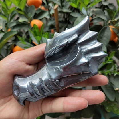Shiny Terahertz Dragon Skull - Hand Carved Healing Crystal with Silver Hematite Dragon Head