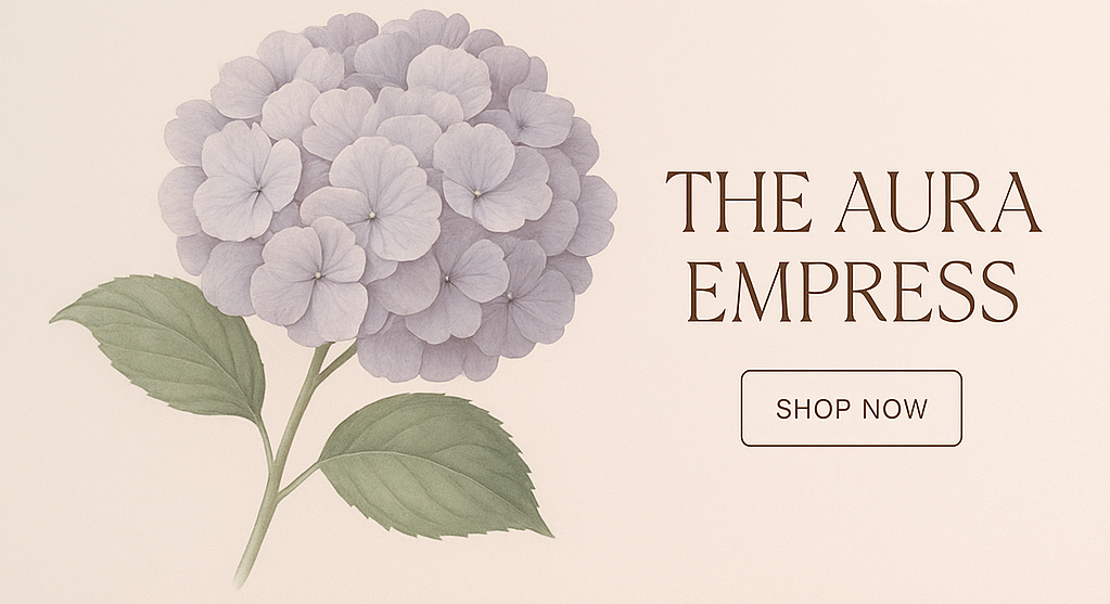 Vintage-style illustration of a purple flower with 'The Aura Empress' branding and a 'Shop Now' button on a beige background.