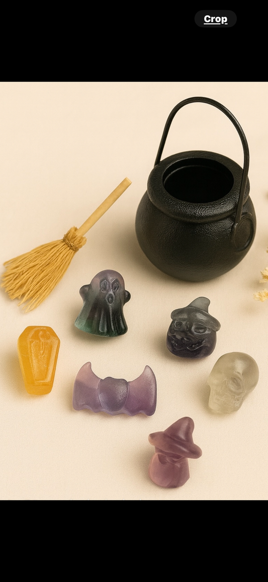 Limited Edition Halloween Crystal Kit – 6 Rainbow Fluorite Carvings + Mini Cauldron & Broom 🎃