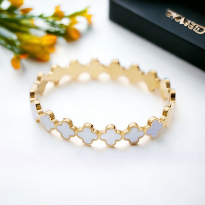 Clover Bracelet Bangle - Hinged Cuff -  Electroplated 18k Gold over Stainless Steel