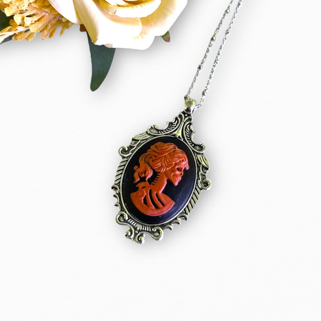 Red Skeleton Lady Pendant Necklace, Gothic Cameo Set in Victorian Bronze or Silver Setting