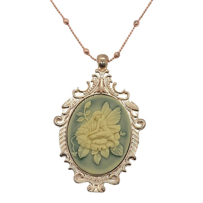 Cream Fairy Butterfly Rose Cameo Necklace, Rose Gold Victorian Ornate Pendant