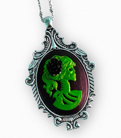 Green Skeleton Lady Pendant Necklace, Gothic Cameo Set in Victorian Bronze or Silver Setting