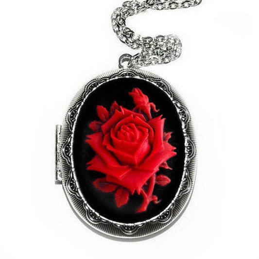 Red Rose Locket Necklace, Cameo Vintage Antique Silver Pendant, Photo Remembrance