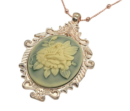 Cream Fairy Butterfly Rose Cameo Necklace, Rose Gold Victorian Ornate Pendant