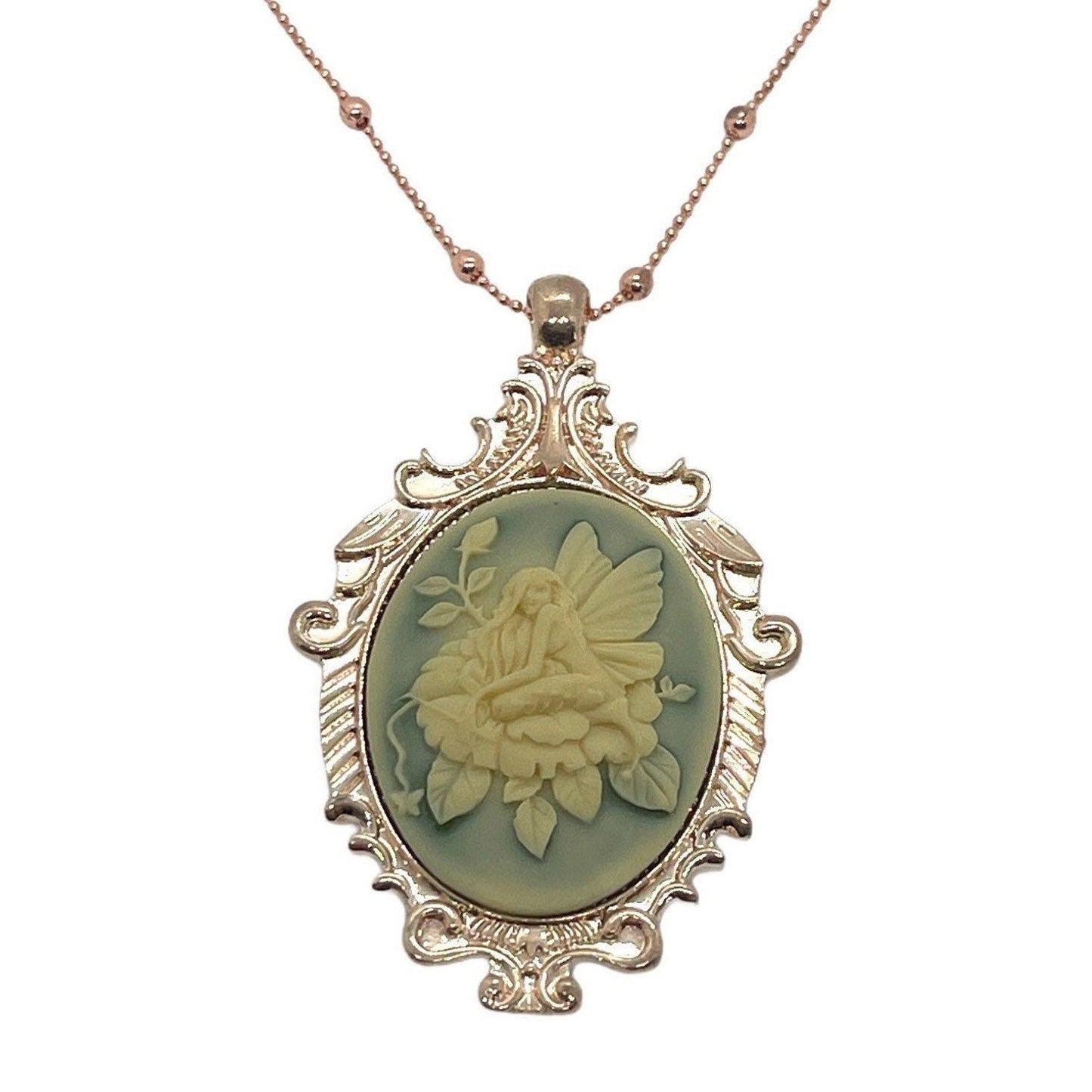 Cream Fairy Butterfly Rose Cameo Necklace, Rose Gold Victorian Ornate Pendant