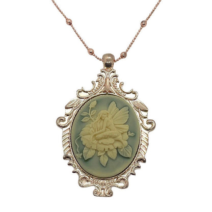 Cream Fairy Butterfly Rose Cameo Necklace, Rose Gold Victorian Ornate Pendant