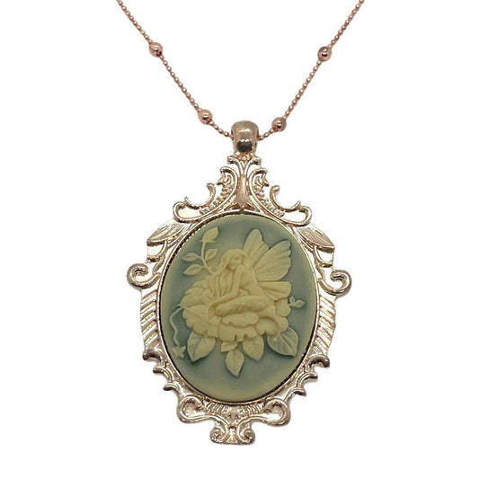 Cream Fairy Butterfly Rose Cameo Necklace, Rose Gold Victorian Ornate Pendant