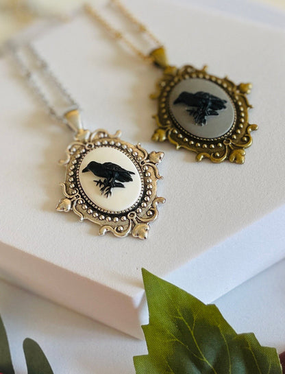Victorian Raven Cameo Necklace - Gothic Black  White with Grey - Bronze or Silver Setting Medium