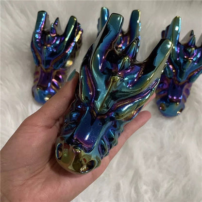 Hand Carved Dragon Skull with Rainbow Titanium  Obsidian Stone - Healing Crystal Decor